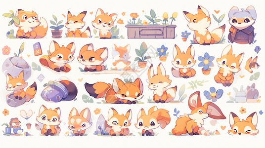 小狐狸可爱表情橙色可爱的卡通小狐狸多个动作与表情插画