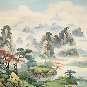 云雾缭绕的水墨卡通山水画背景图片