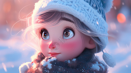 3d雪花冬天雪中戴着帽子向上看的卡通小女孩插画