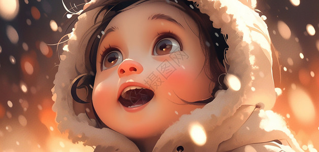 穿着很厚欣赏下雪的可爱卡通小女孩背景图片