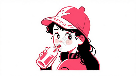 粉色果汁戴粉色棒球帽的卡通女孩在喝果汁插画