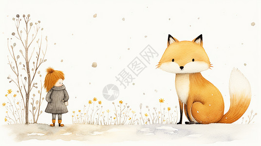 卡通小女孩在看着远处的大大的狐狸背景图片