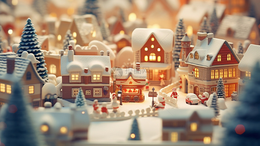 圣诞节温馨喜庆被雪覆盖的卡通小房子们图片