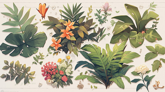 多种绿色叶子卡通植物背景图片