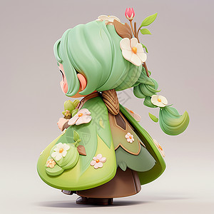 长发背面穿着绿色披风头上有小花漂亮卡通小女孩背面插画