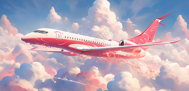 在飞机粉白色卡通飞机飞在云端插画