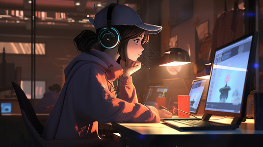电脑听音乐夜晚坐在办公桌前听音乐的卡通女孩插画