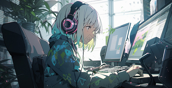 戴着耳麦坐在电脑前认真工作的卡通女孩插画