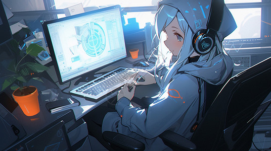 夜晚电脑坐在工位上看着电脑屏幕戴着耳麦的卡通女孩插画