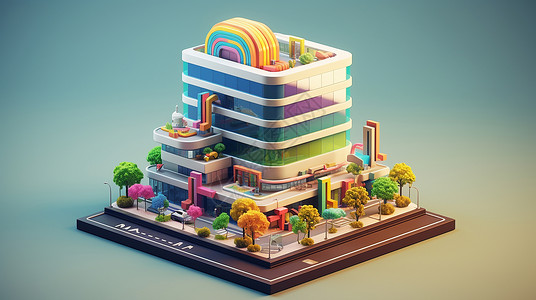 3D商场楼顶上有彩虹造型的立体卡通楼房插画