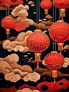喜庆的大红灯笼与精致的祥云间剪纸风背景图片