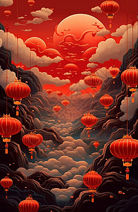 节日氛围十足的红色灯笼与落日卡通风景背景图片