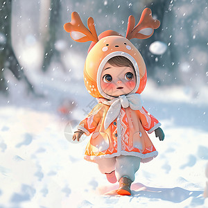 鹿角开花小鹿穿着厚厚橙色外套走在大雪中的卡通小女孩插画