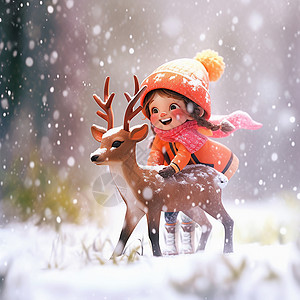 带鹿角女孩大雪中与小鹿一起玩耍的可爱卡通小女孩插画