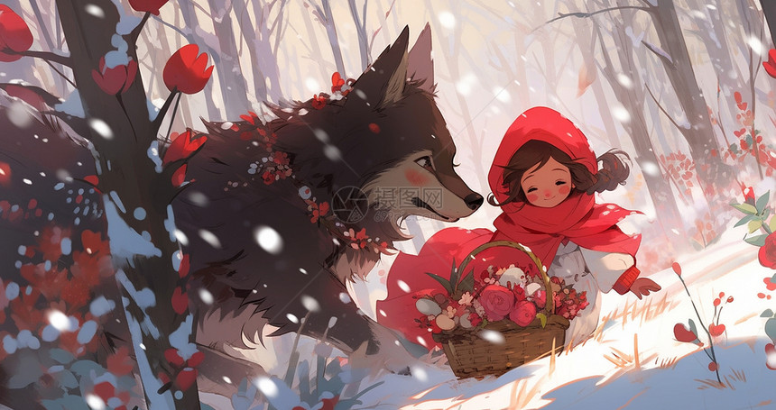 可爱的卡通小女孩在森林中与大灰狼一起玩耍图片