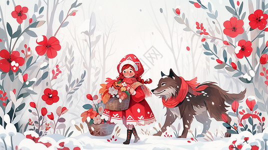 小红帽大灰狼冬天大雪与小红帽一起走在森林中的大灰狼与小女孩儿童插画插画