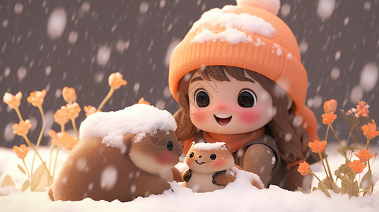 冬天大雪中与小动物们一起玩耍的卡通小女孩背景图片