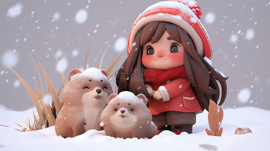 戴着粉色帽子在大雪中看着雪花开心笑的卡通女孩图片