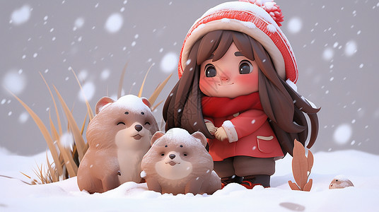 土拔鼠戴着粉色帽子在大雪中看着雪花开心笑的卡通女孩插画
