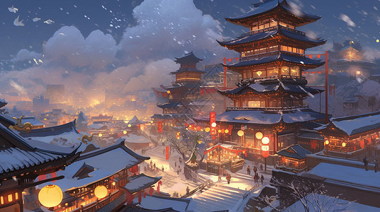 俯视城市风景繁华的卡通古城夜晚在飘雪插画