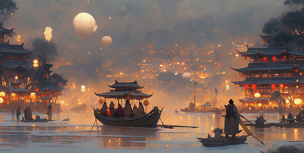 尚湖夜景古风卡通唯美夜景湖面上几艘船在划行插画