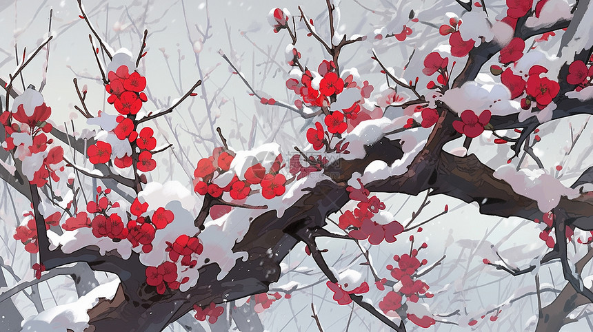 被雪覆盖的小清新卡通梅花图片