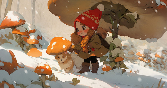 蘑菇下的女孩大雪中在蘑菇伞下与宠物狗一起玩耍的可爱卡通小女孩插画