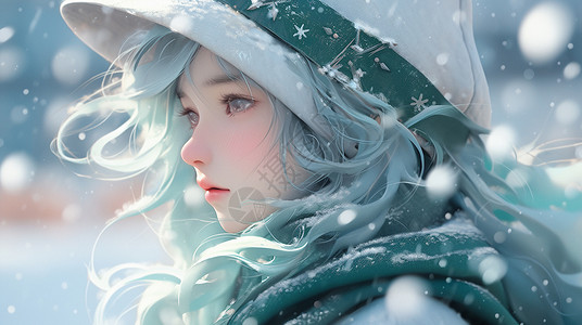 身上落着雪花的小清新卡通小女孩在雪地中背景图片