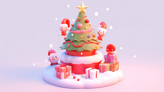 有圣诞树和礼物的卡通蛋糕背景图片