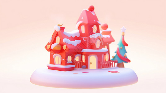 红色可爱的卡通小房子上落着雪背景图片