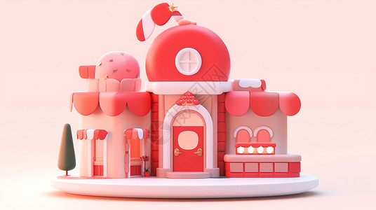 红色立体可爱的卡通小房子背景图片