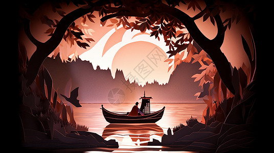 傍晚在湖面上一艘卡通小船剪纸风插画背景图片