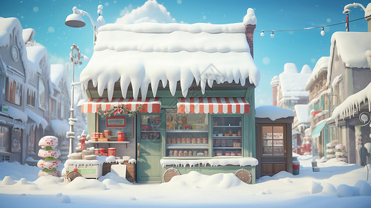 大雪中街边绿色温馨的卡通商店背景图片