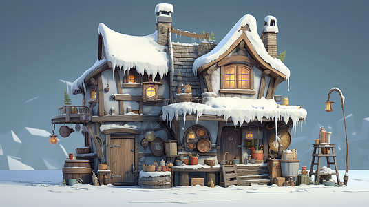 复古温馨的卡通小木屋被大雪覆盖背景图片
