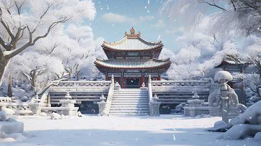 冰天雪地冬天冬天大雪中唯美的古风卡通建筑物插画