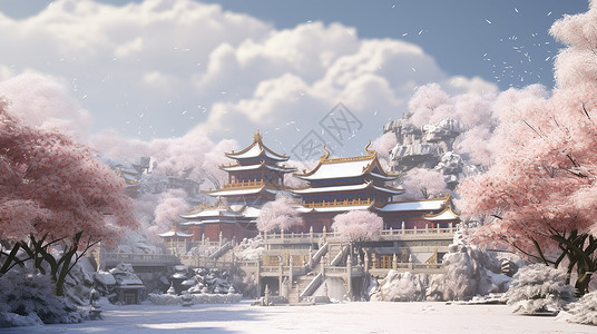 冰天雪地冬天冬天大雪中漂亮的唯美的卡通古风建筑景色插画