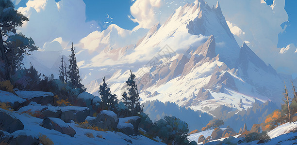 雪山顶蓝天白云下唯美漂亮的卡通雪山插画