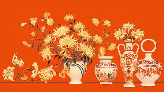 红色背景前几个花瓶内插着几朵菊花插画