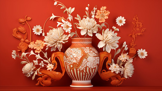 红色的菊花橙红色喜庆的卡通花瓶插着多个漂亮的卡通花朵插画