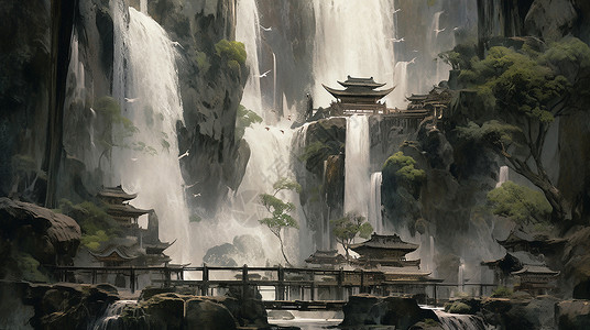 瀑布旁一座古风漂亮的卡通建筑物背景图片
