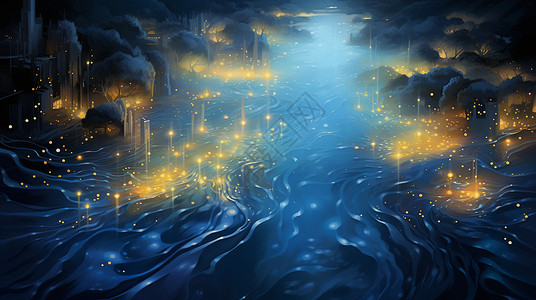 夜晚梦幻流动的卡通河流上很多发光的黄色点点高清图片