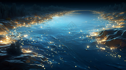 科技水蓝色流动的水面上有很多黄色发光的点点插画