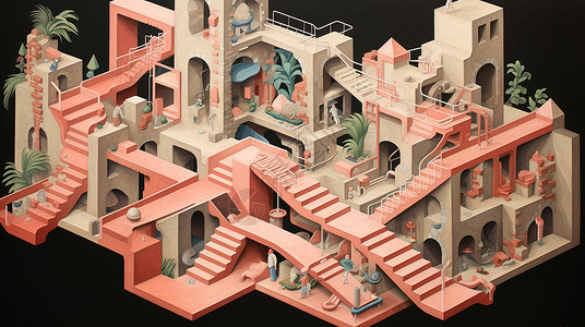 粉色长楼梯多层科幻卡通建筑物背景图片