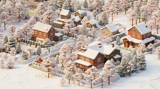 被雪覆盖的精致卡通小村庄背景图片