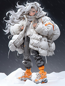 白色羽绒服穿着时尚白色厚羽绒服走在雪中的时尚卡通女孩插画