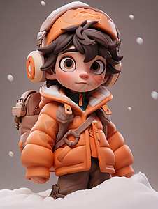 穿着橙色羽绒服走在雪地中听音乐的卡通男孩背景图片
