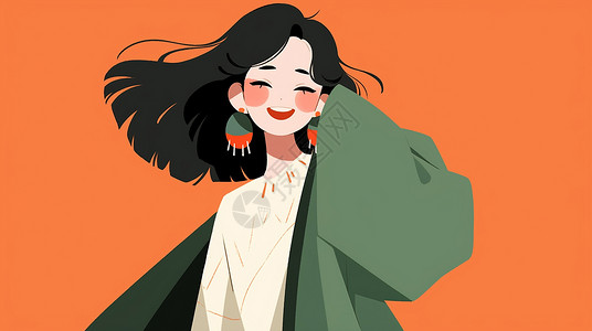 绿色外套橙色背景穿绿色大外套开心笑的扁平风卡通女孩插画