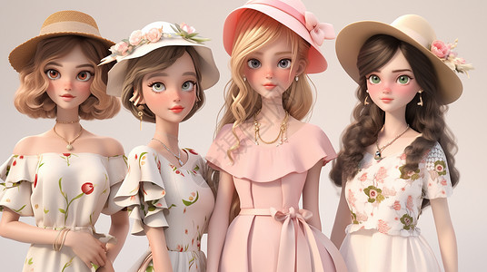 四个戴着帽子的时尚卡通小公主背景图片