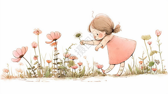 在花丛中开心玩耍的卡通小女孩背景图片