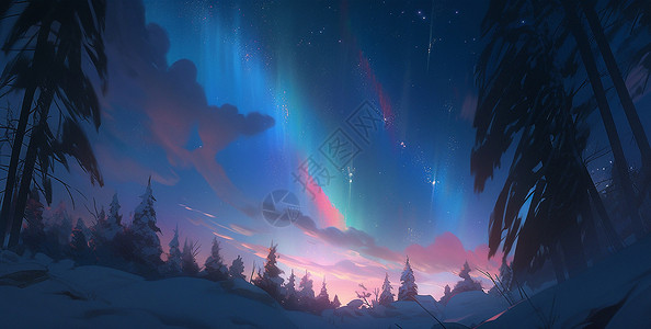 北极光天空冬天夜晚唯美梦幻的卡通极光风景插画